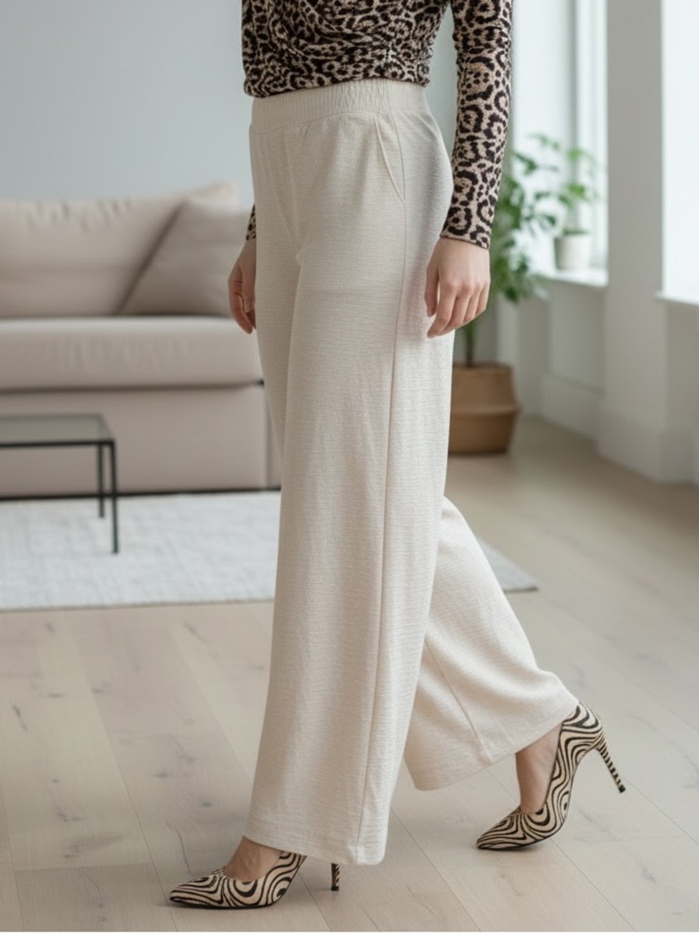 Petite S- by Hayes Cream Wide-Leg Pants-  High-Waist Pull-On